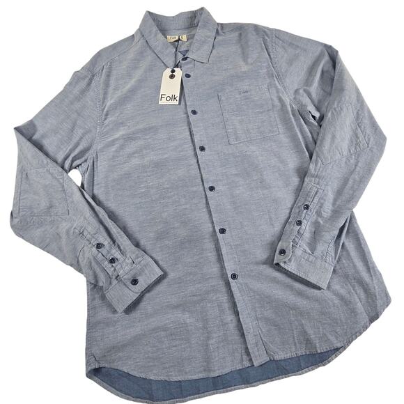 Folk Other - Folk Mens Button Up Shirt Blue Long Sleeve Elbow Patch NEW 6 XXL Business Casual